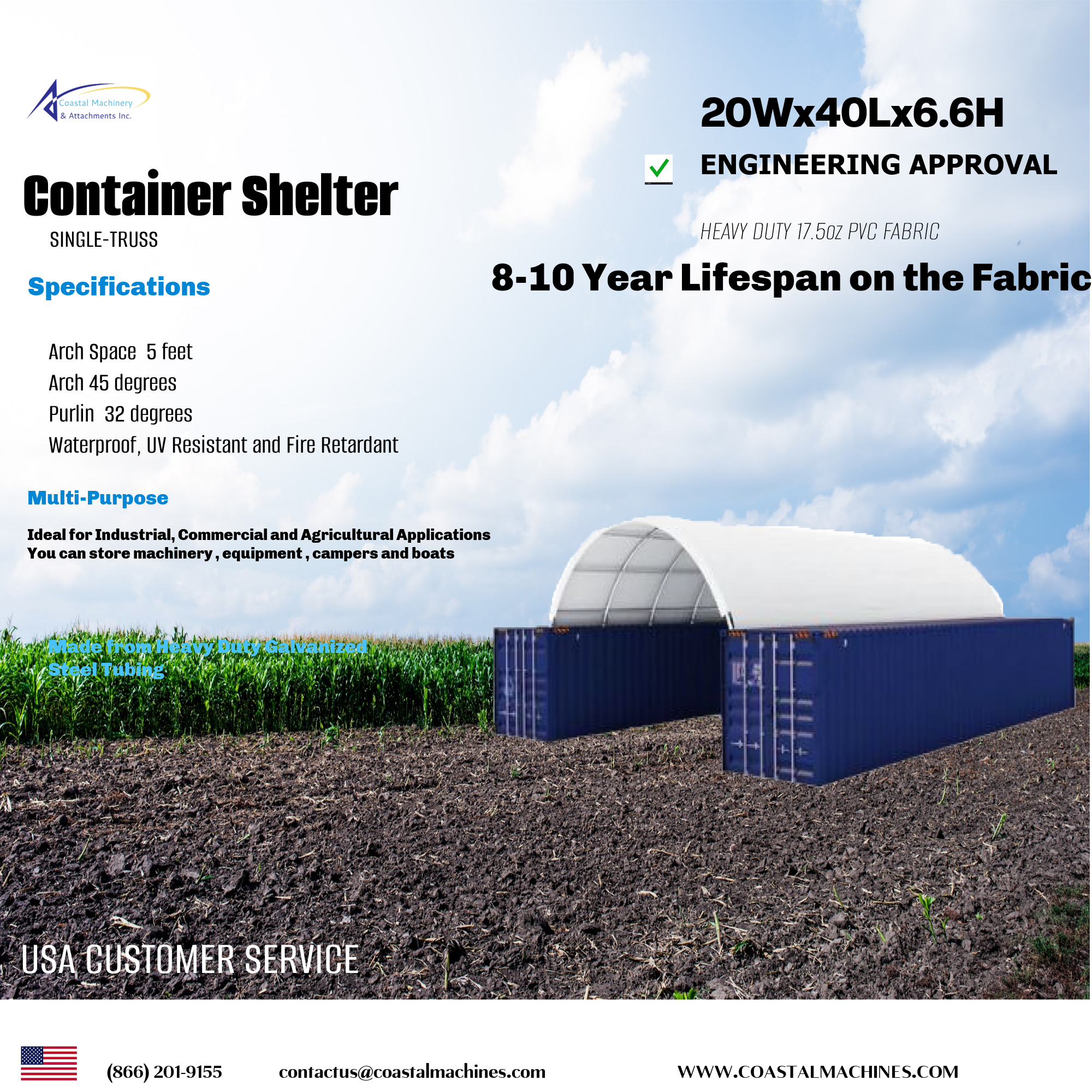 20x40x6.5 Heavy Duty 15oz PVC Container Shelter, Container Shelter